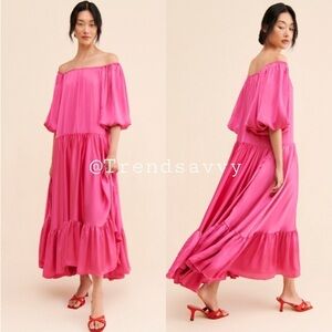 Erika Pena Satin Bettina Flounced Hem Maxi Dress Pink Anthropologie Size XS NWOT